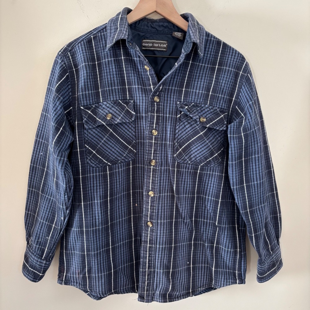 David Taylor Mens Blue Plaid Cotton Flannel Button Down Shirt Medium